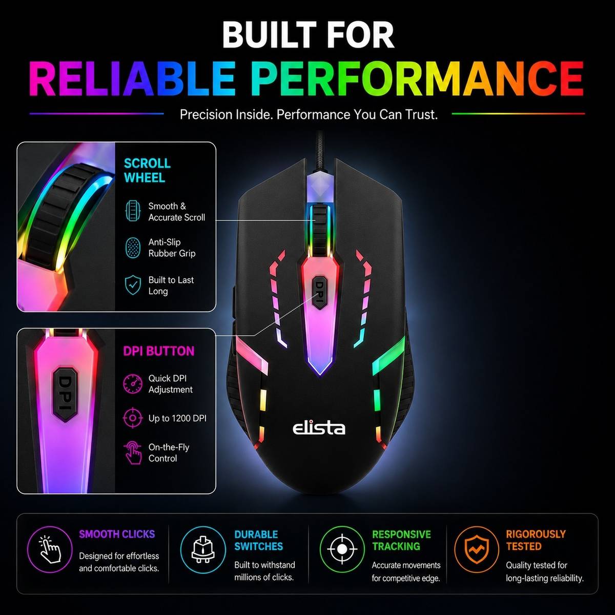 ELS WM504 ( RGB Mouse) DPI upto 1200 Wired Ambidextrous Optical Mouse — photo 4