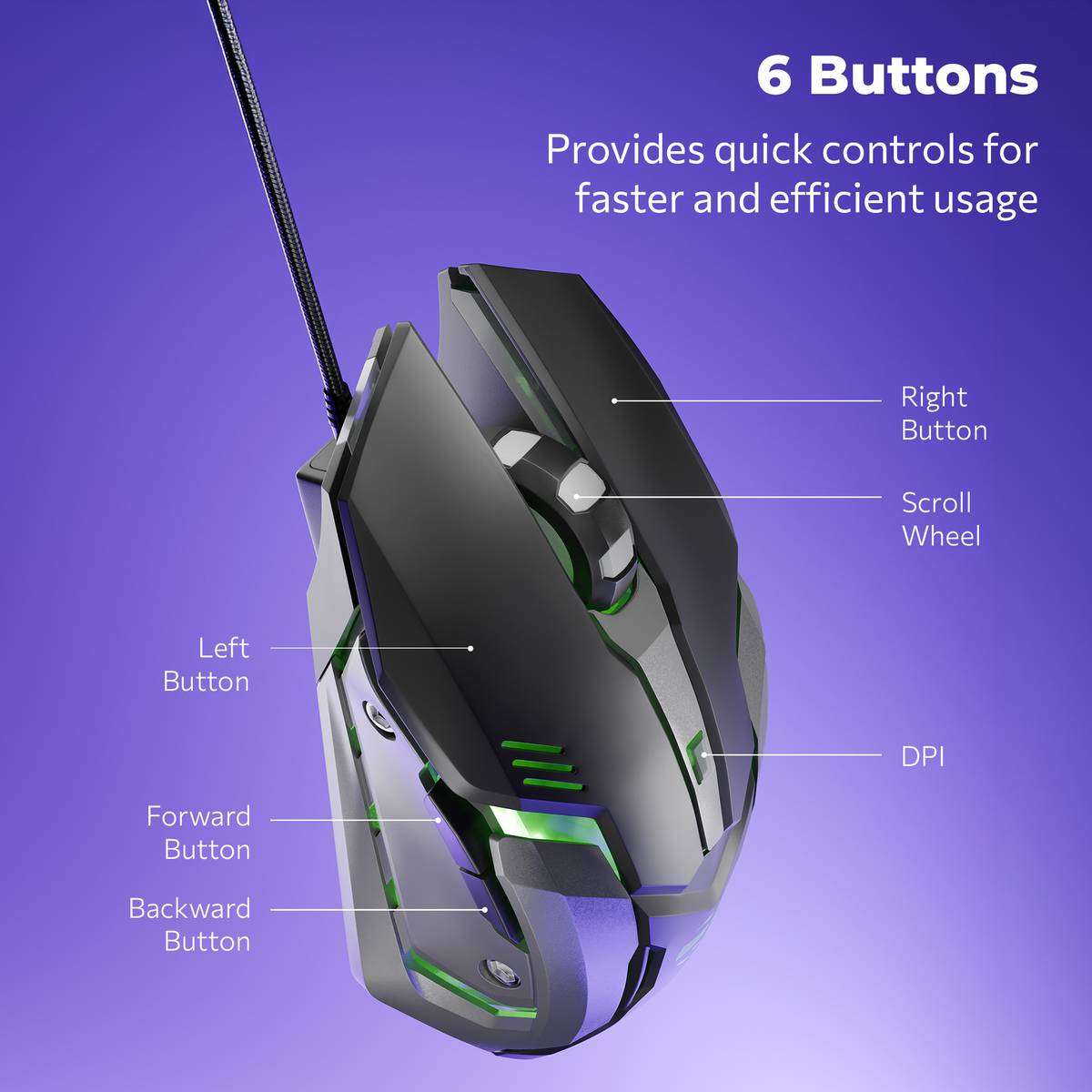 ZEBRONICS Transformer M Wired Ambidextrous Optical Gaming Mouse with Upto 3200 DPI, 6 Buttons with DPI Switch, Multicolor LED Lights, 1.5m Braided Cable — photo 4