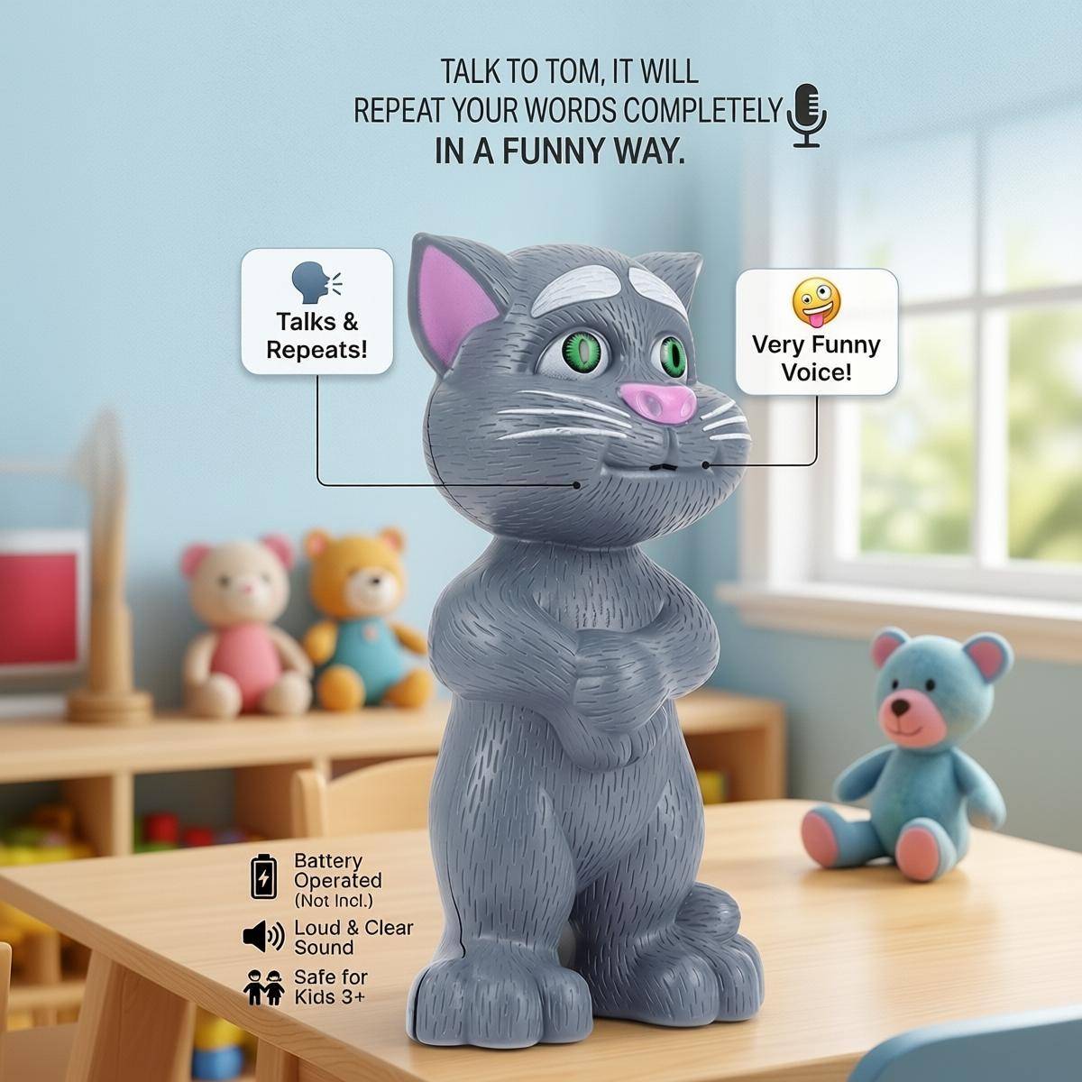 Talking Tom Cat for Kids - Voice Recording & Repeating Toy(Colour as per stock)