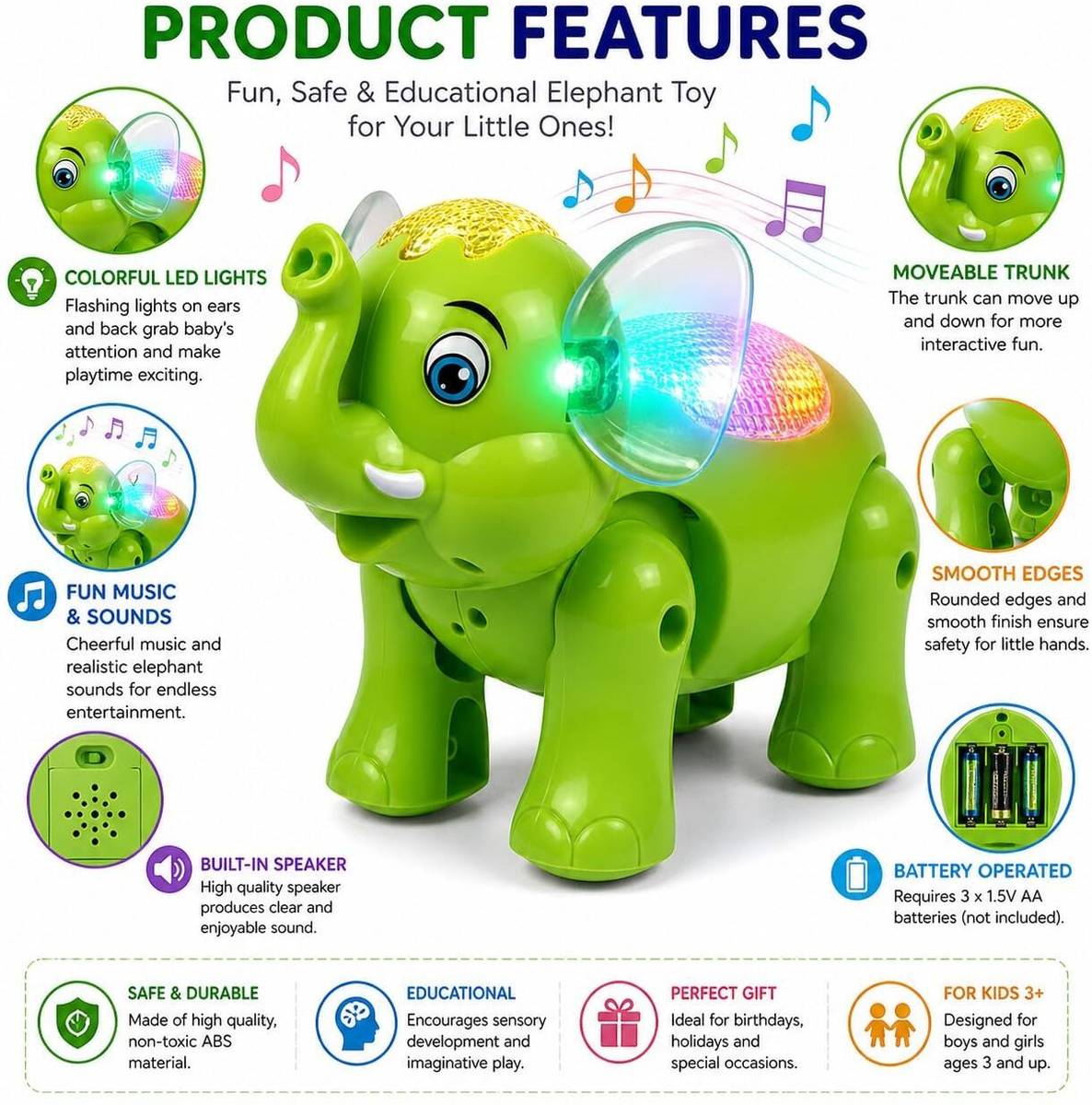 Musical 3D Flashing Light, Sound, Walking Clever Elephant Crawling Toy for Kids — photo 2