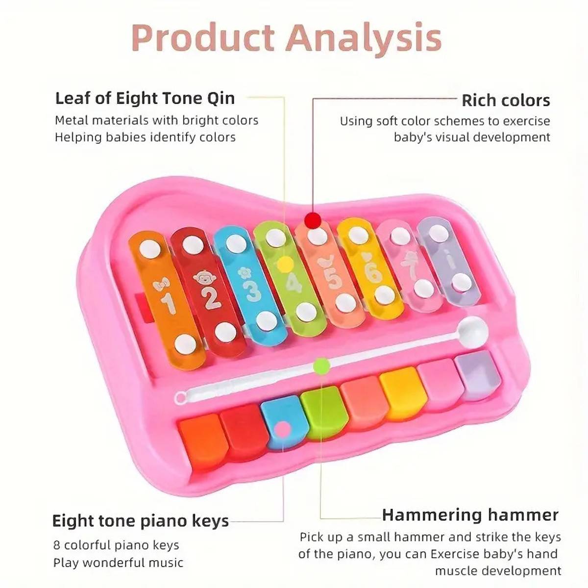 2 in 1 Big Piano and Xylophone with 8 Multicolored Keys | 2 Sticks |Great Gift — photo 5