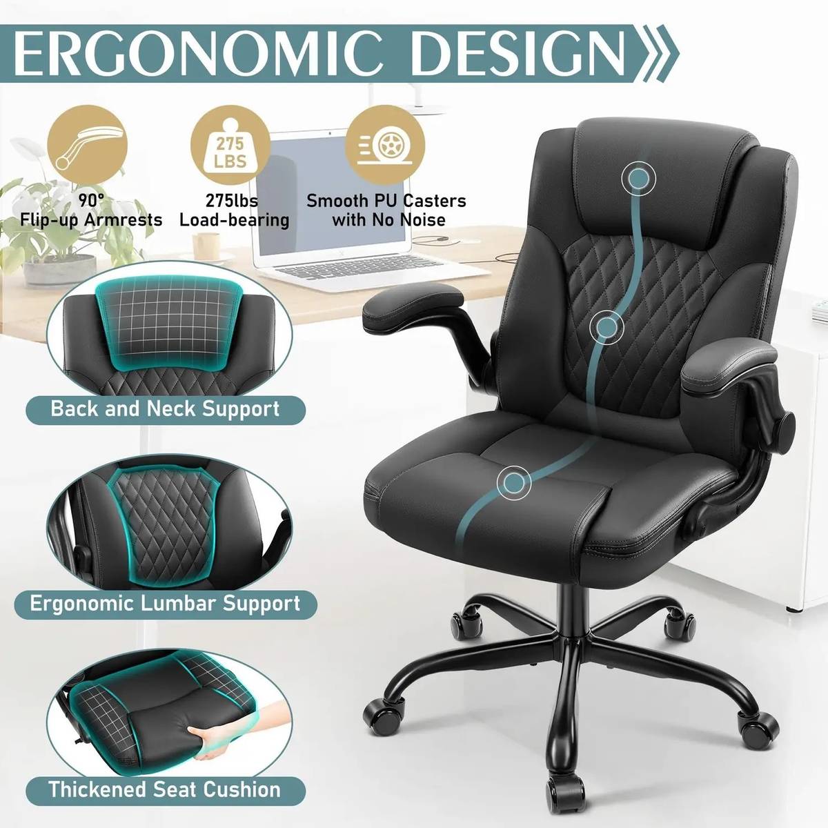 Leather Office Chair, PU Home Computer Desk Chairs with Ergonomic Back Support Leatherette Office Adjustable Arm Chair — photo 4