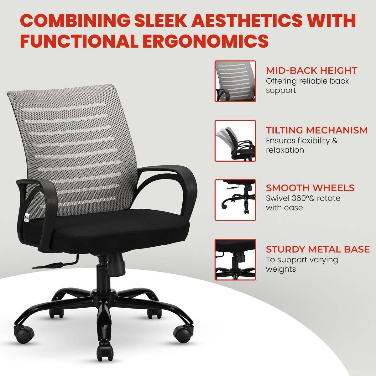 IAFA Diego Mid Back Ergonomic Office Heavy Duty Black Metal Base Mesh Office Arm Chair — photo 3