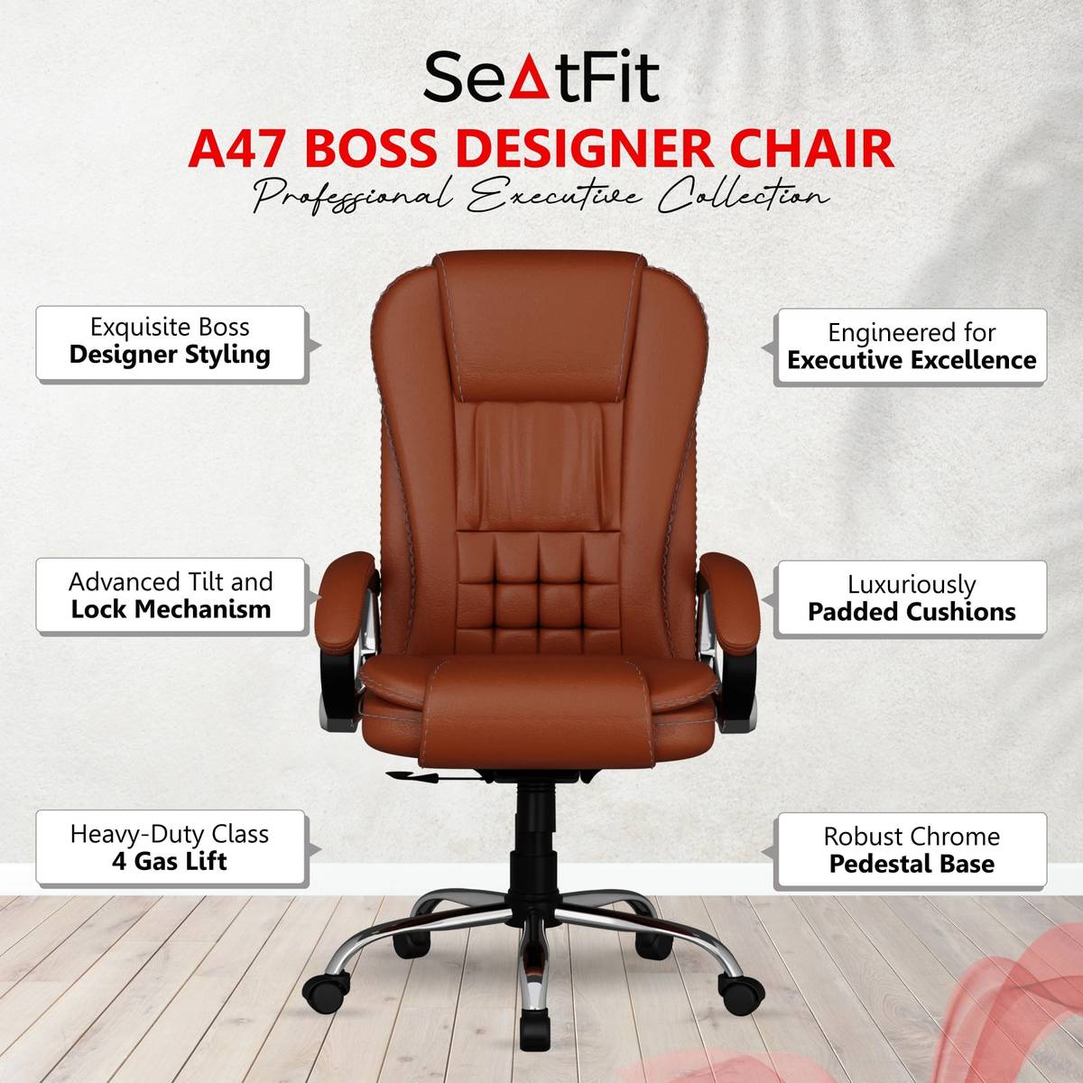A47 Office Boss Designer Chair PP Chrome Arms High Back Executive Chair Leatherette Office Arm Chair — photo 3