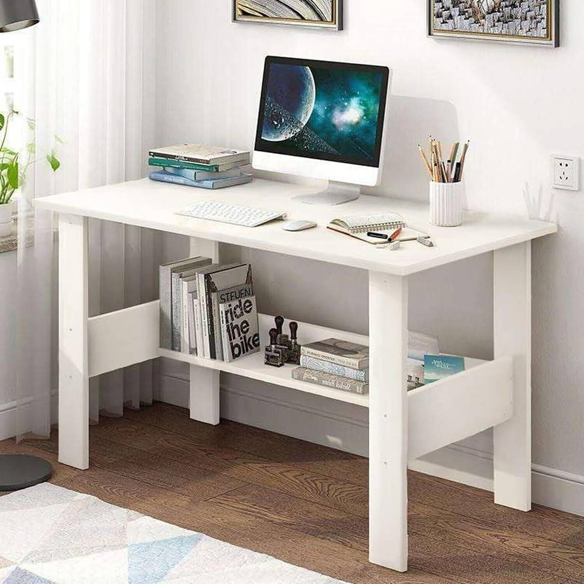 LUKZER Office & Study Table (ST-004-White) Engineered Wood Study Table