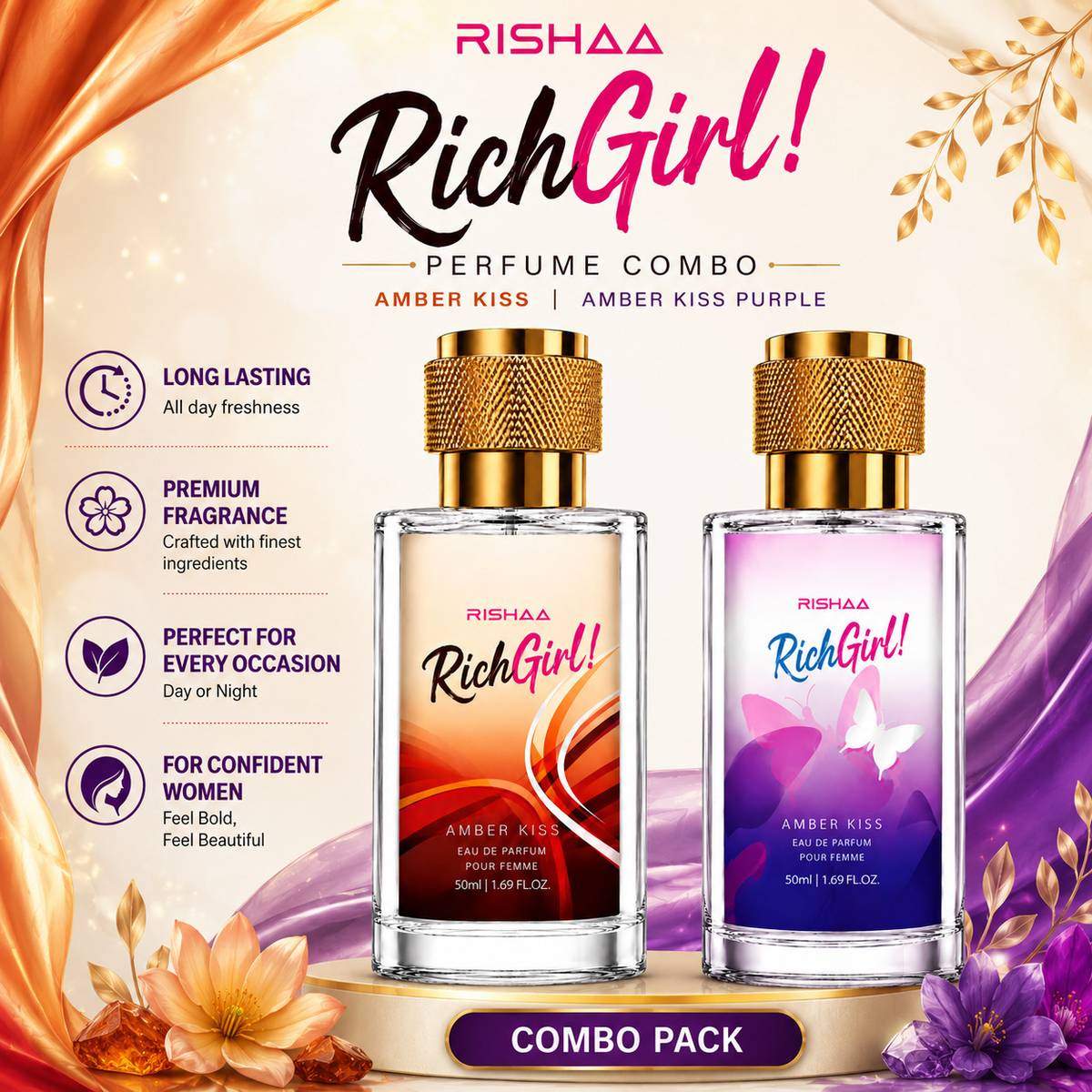 Rishaa Amber Kiss Eau De Parfum Combo Set for Women | Premium Pack of 2 x 50ml — photo 4