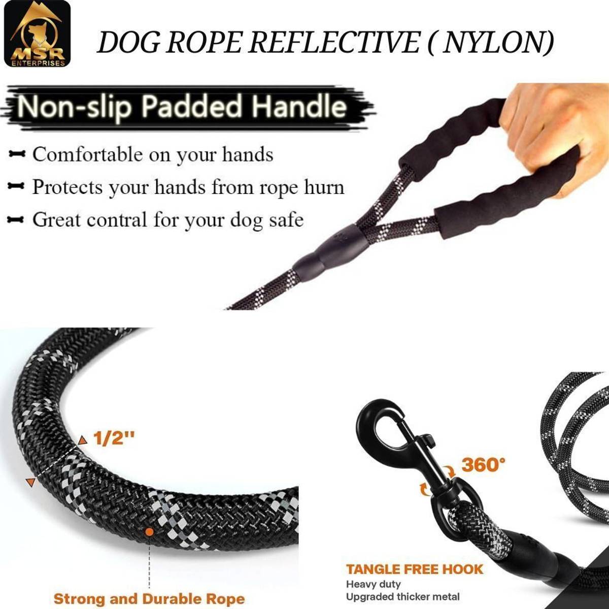 MSR ENTERPRISES StrongGrip Nylon Dog Leash – Medium (Black) Dog Leash — photo 2