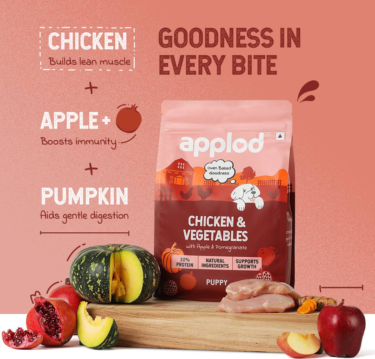 Applod Chicken & Vegetables with Apple & Pomegranate Dry Dog Food for Puppies-Pack of 3 Chicken 0.45 kg (3x0.15 kg) Dry Young Dog Food — photo 2