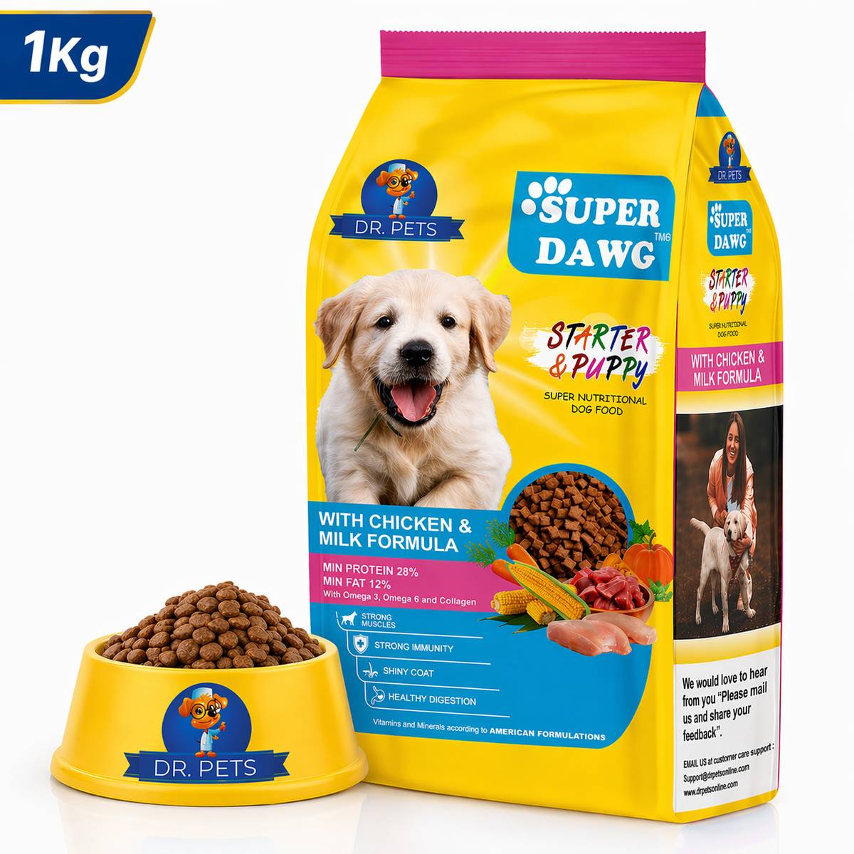 Dr.pets Super Dawg Dry Dog Food for Starter & Puppy with Chicken & Milk Formula – 1 kg Chicken 1 kg Dry New Born, Young Dog Food