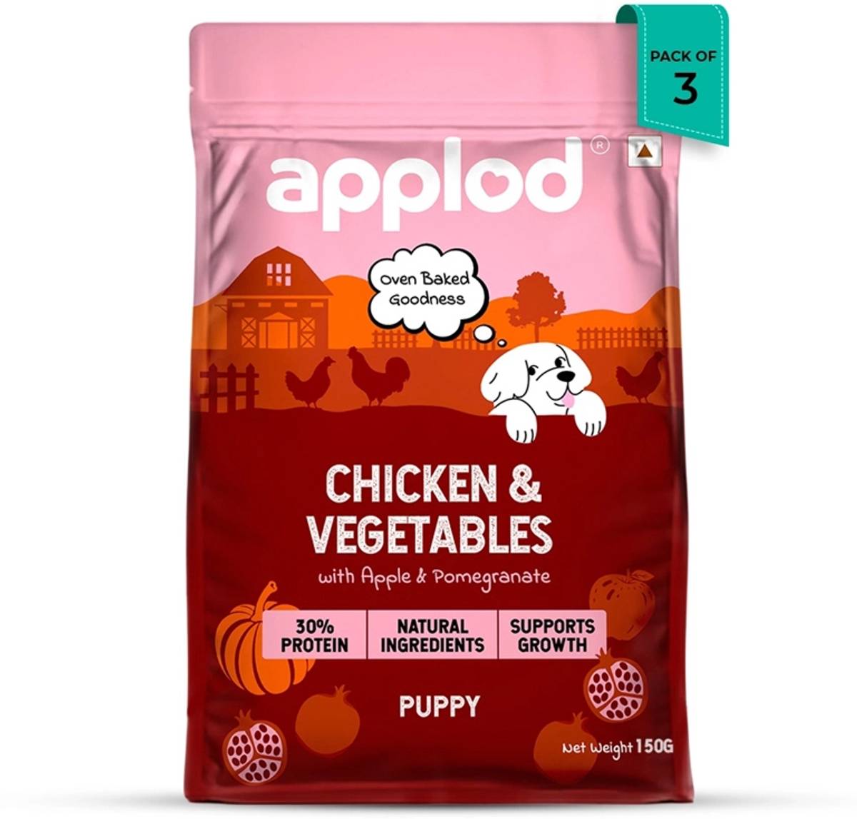 Applod Chicken & Vegetables with Apple & Pomegranate Dry Dog Food for Puppies-Pack of 3 Chicken 0.45 kg (3x0.15 kg) Dry Young Dog Food