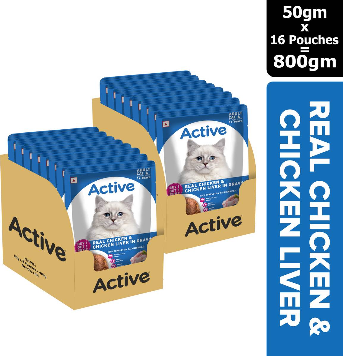 Active Twin pack (50g x 16) 16 Pouches in Gravy, Real Chicken 0.8 kg (16x0.05 kg) Wet Adult Cat Food