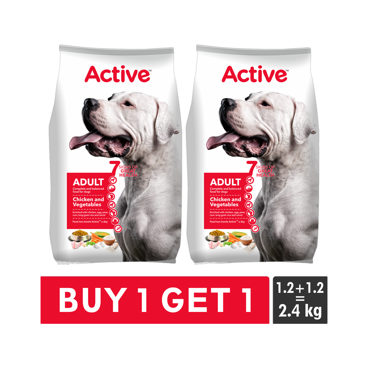 Active Buy 1 get 1 (2x1.2 kg) Chicken & Vegetable 2.4 kg (2x1.2 kg) Dry Adult Dog Food