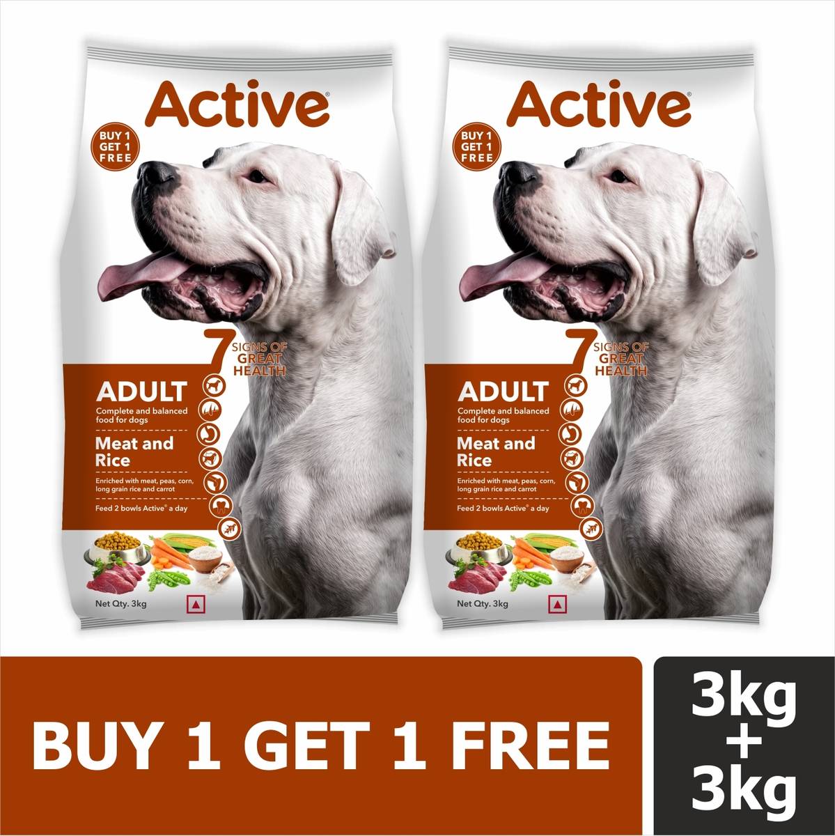 Active Buy 1 Get 1 Meat And Rice Adult Dog Food Rice 6 kg (2x3 kg) Dry