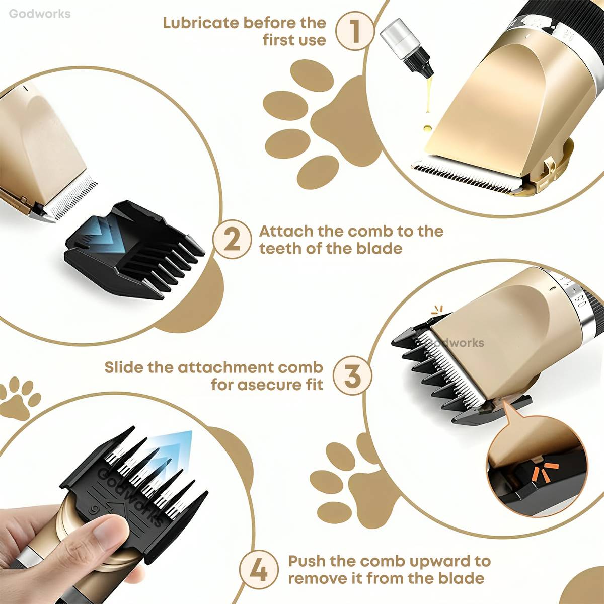 Godworks Pet Hair Trimmer Dogs & Cats Grooming Machine Wireless Rechargeable, Low Noise Gold, Black — photo 5