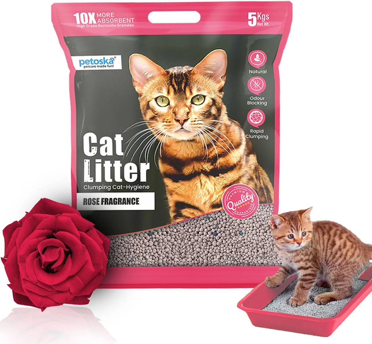 PETOSKA Activated Cat Litter- 5Kg | Rose Fragrance Pet Litter Tray Refill