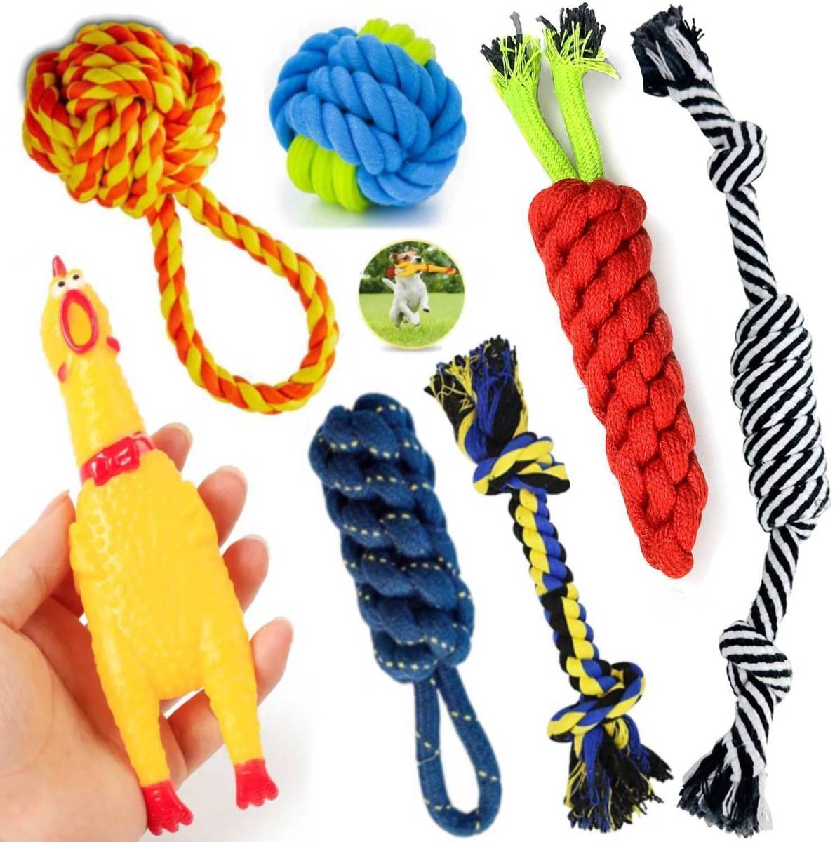 PETZLUV YOUHAVEDEAL Dog Chew Rope & Squeaky Toy Set -Durable Interactive for Medium Dogs Cotton Ball, Chew Toy, Fetch Toy, Squeaky Toy For Dog & Cat