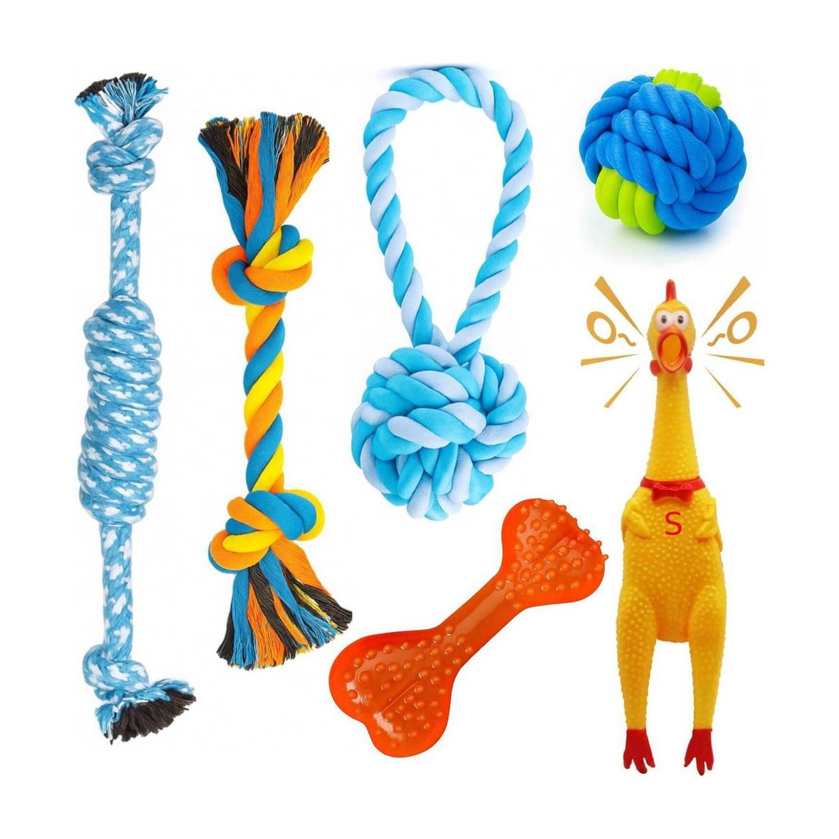 PETZLUV Dog Toy Combo Pack | Rope Toys, Chew Bone & Squeaky Chicken Toy for Medium Dogs Cotton Ball, Bone, Squeaky Toy, Tough Toy, Tug Toy, Training Aid, Chew Toy For Dog