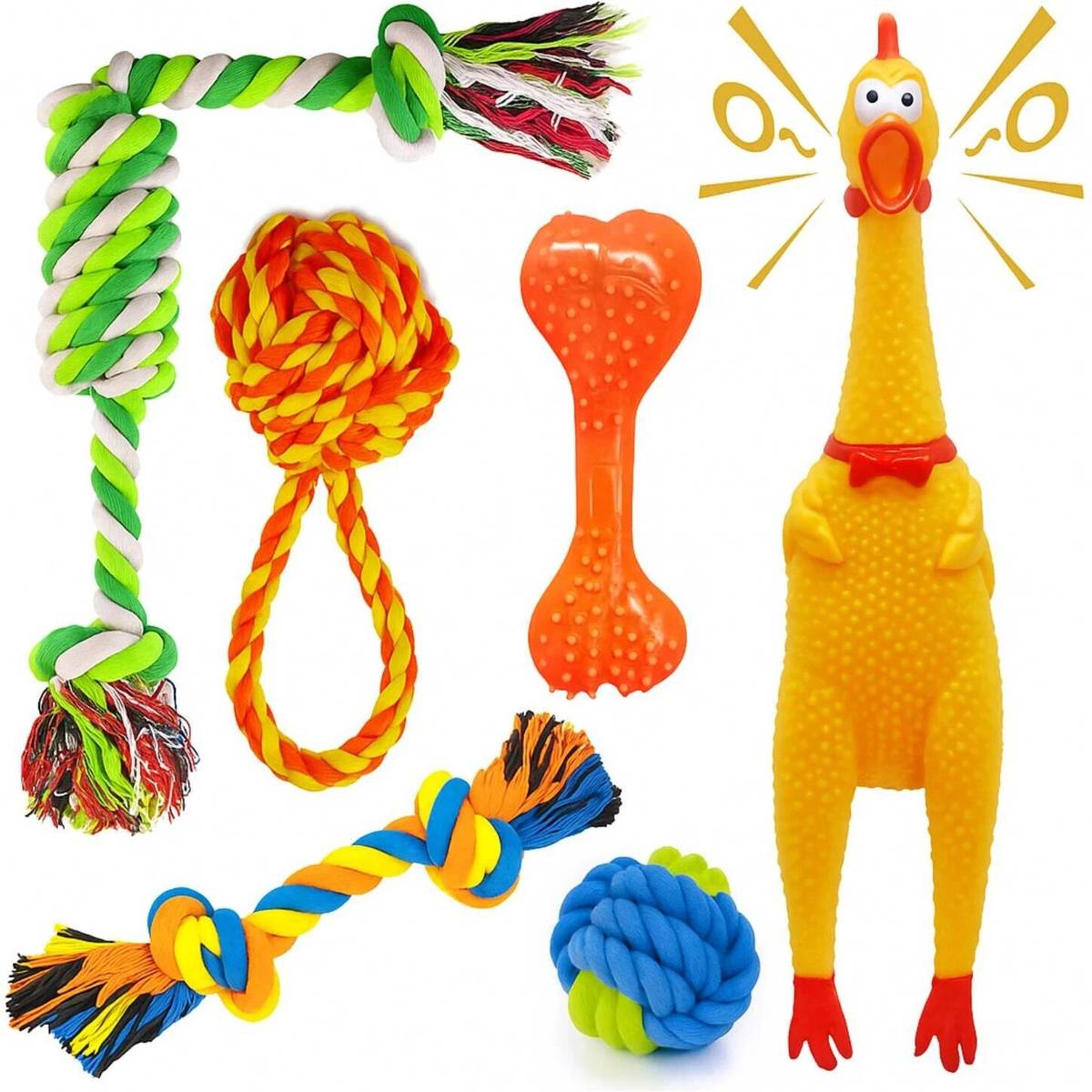 decorvaiz Puppies Combo Kit for Small and Medium Dog-6in1 Chew Toys for Puppy Cotton Squeaky Toy, Bone, Ball, Rubber Toy, Tug Toy, Chew Toy For Dog & Cat