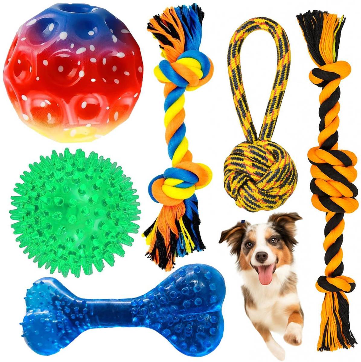 PETZLUV YOUHAVEDEAL 6 in 1 Chew & Tug Dog Toy Combo Set with LED Spike Ball & Rope Toys Cotton Bone, Ball, Squeaky Toy, Chew Toy, Fetch Toy, Training Aid, Tug Toy For Dog