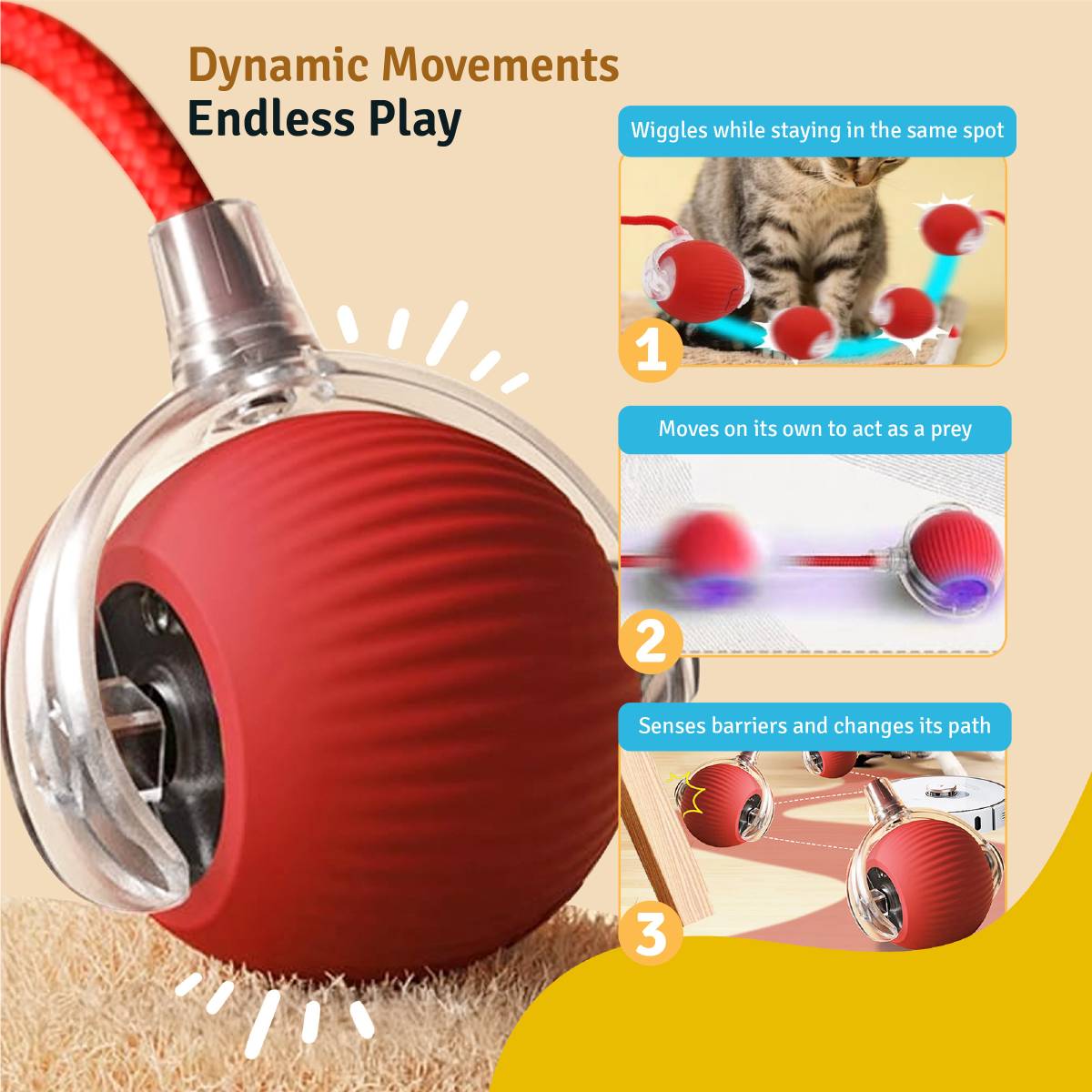Smart Rolling Interactive Cat & Dog Toy, LED Ball, Type C Rechargeable Silicone Ball For Dog & Cat — photo 3