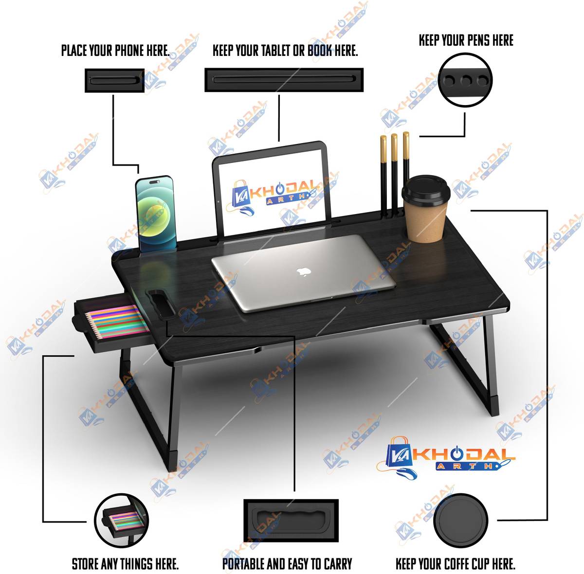 KHODAL ARTH Us Biding black color Laptop Table Wood Portable Laptop Table — photo 3