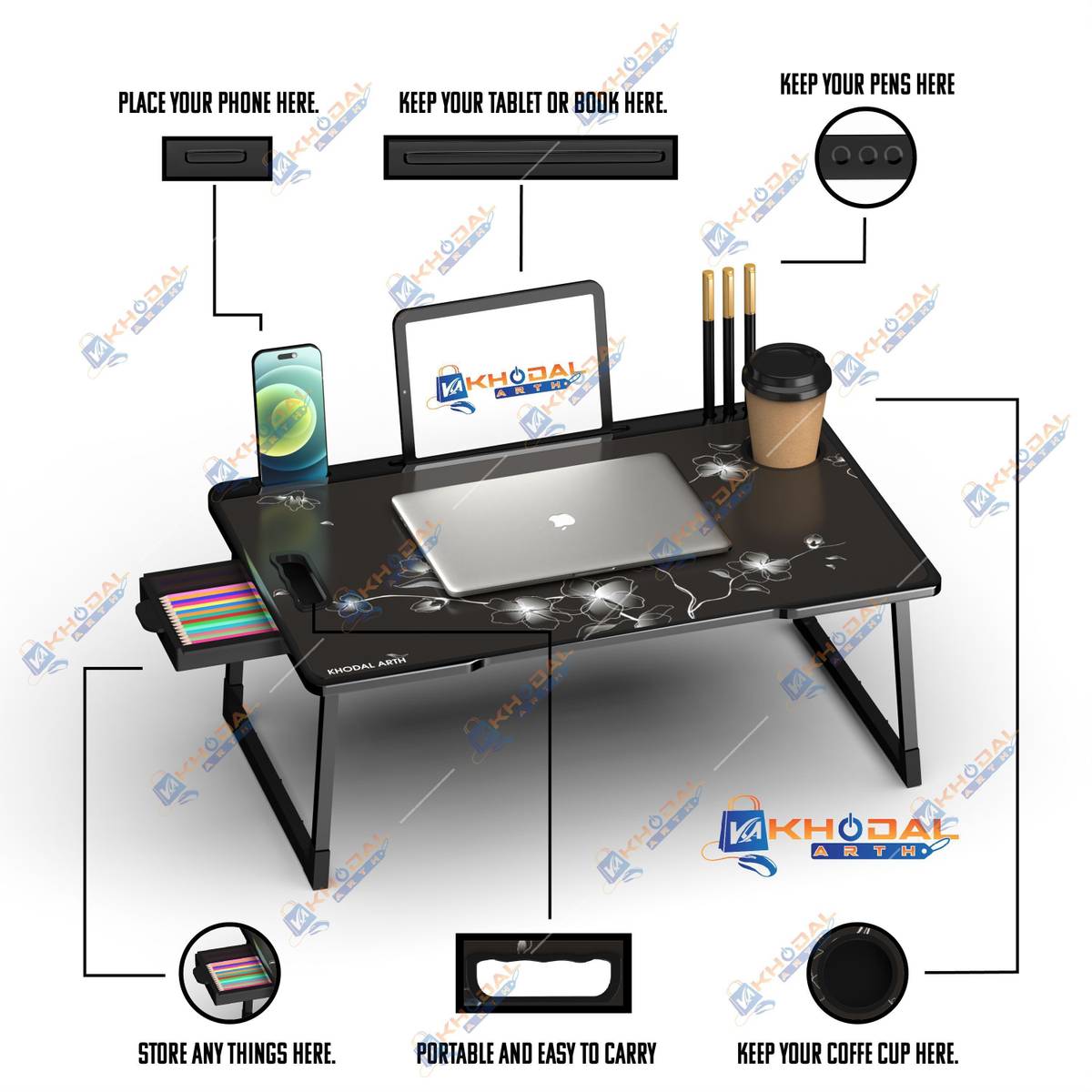 KHODAL ARTH US BIDING Black Flower COATED Laptop Study Table Wood Portable Laptop Table — photo 3