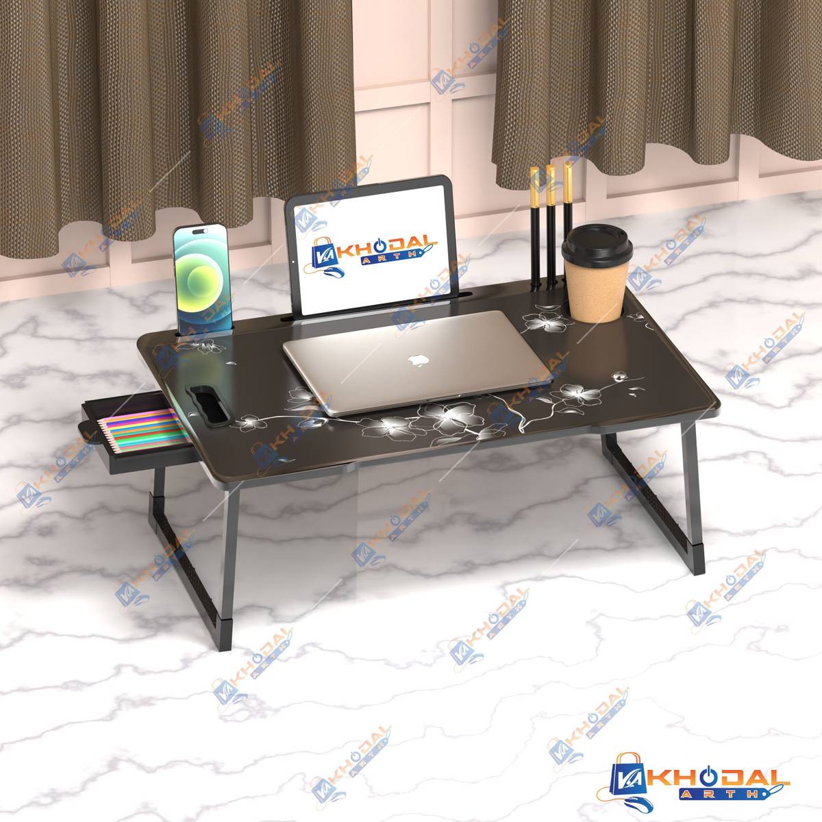 KHODAL ARTH US BIDING Black Flower COATED Laptop Study Table Wood Portable Laptop Table — photo 2