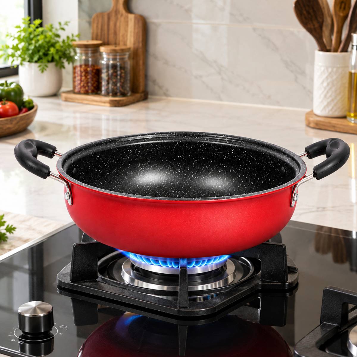 Premium Red Non-Stick Kadhai - Gas & Induction Compatible Kadhai 24 cm diameter 2.5 L capacity