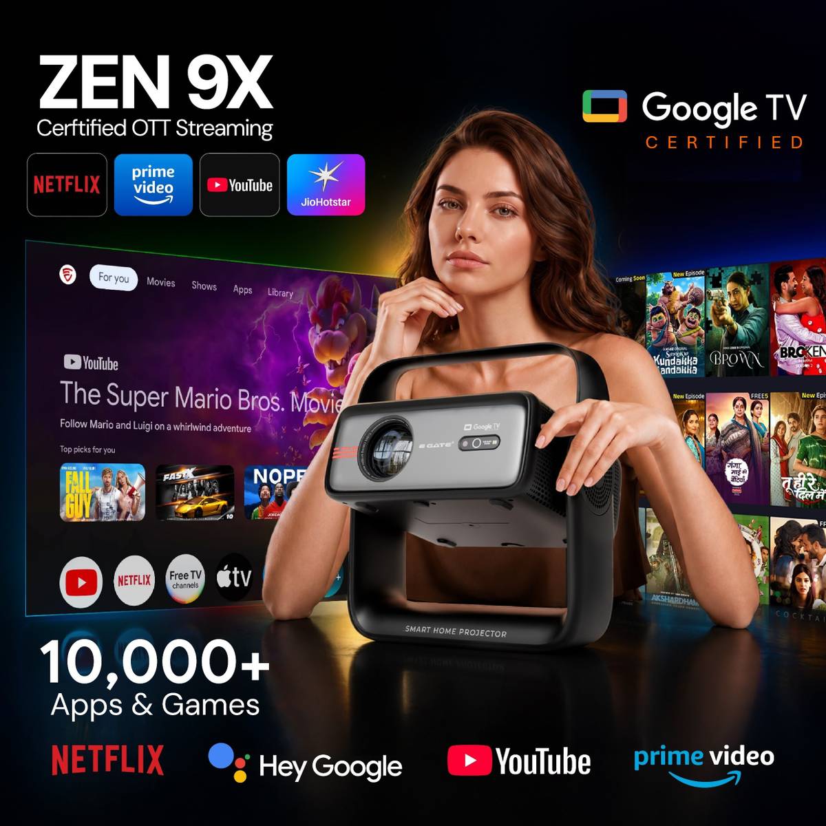 Zen 9X (20000 lm / 1 Speaker / Wireless / Remote Controller) Portable Google TV, Dustfree,Dolby AudioOfficial Certified Apps Netflix, Prime, 4K Ultra HD Brightest,
20W Bluetooth spekaer HDMI-ARC Home ,Theater Experience Projector Projector — photo 2