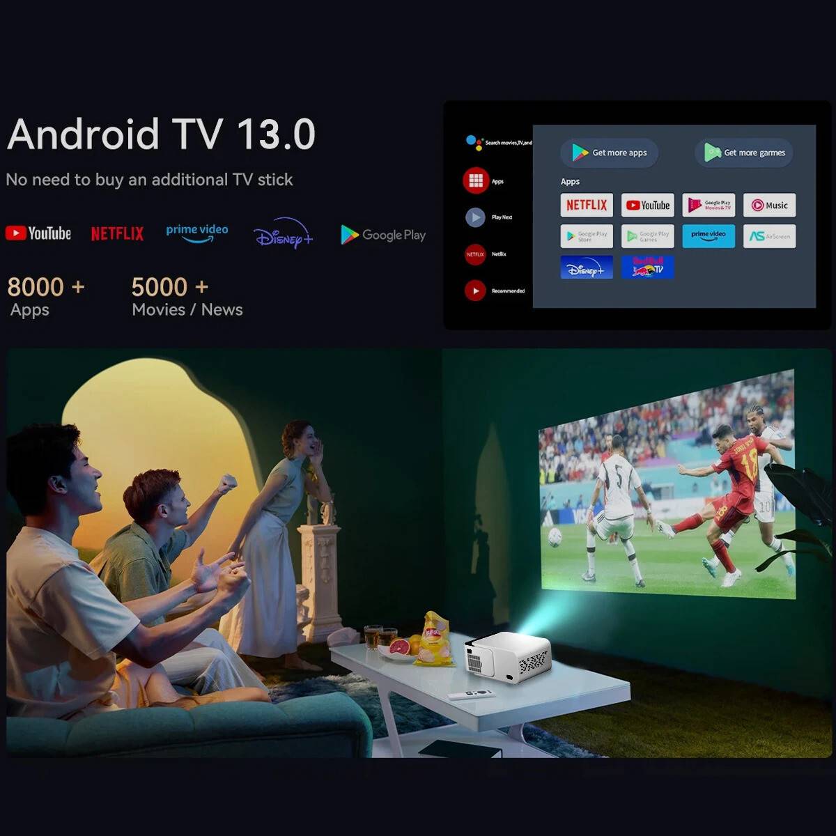 Android 13 Full HD Support Native 720P Wifi BT 6 Auto Keystone with Miracast (5000 lm / 1 Speaker / Wireless / Remote Controller) Portable Projector — photo 4