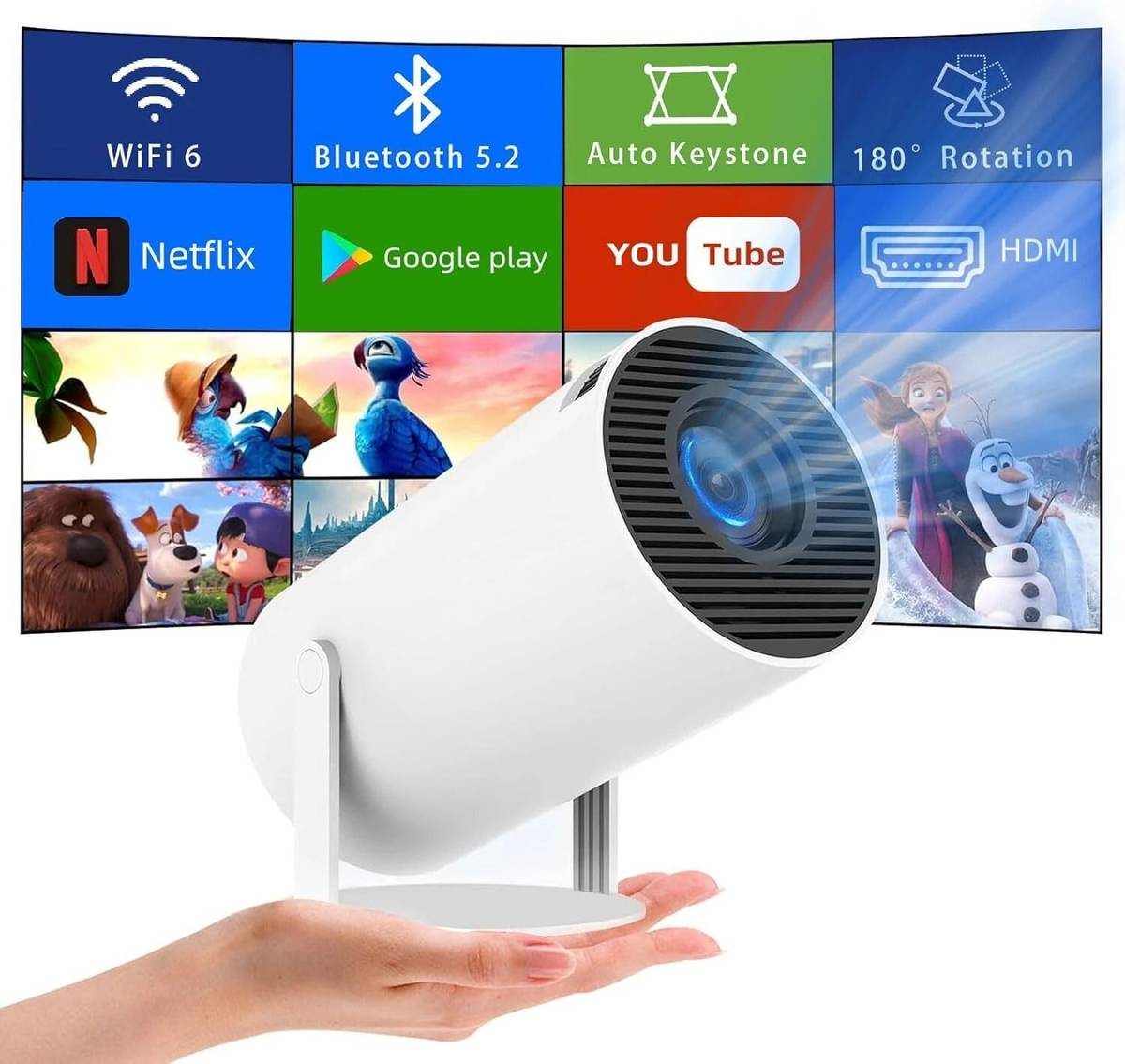 NKY Android Projector 4K 1080P Support with 4D Keystone and 270 Degree Rotation (2000 lm) Portable Projector