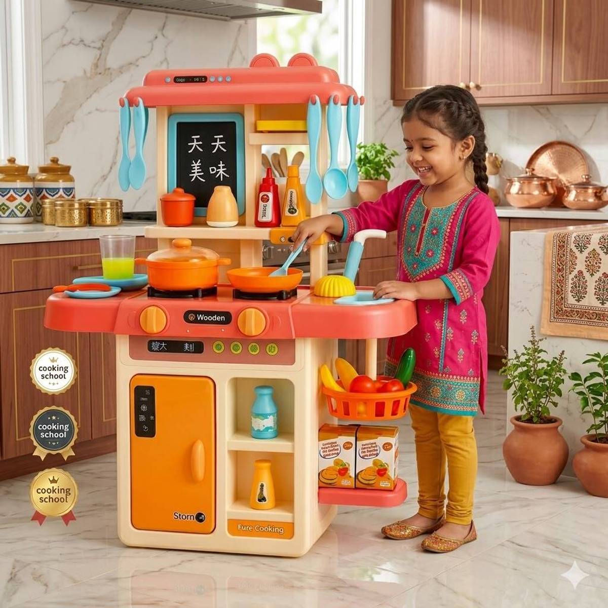 42-Piece Kids Kitchen Play Set with Real Water Tap, Smoky Effect, Music & Light