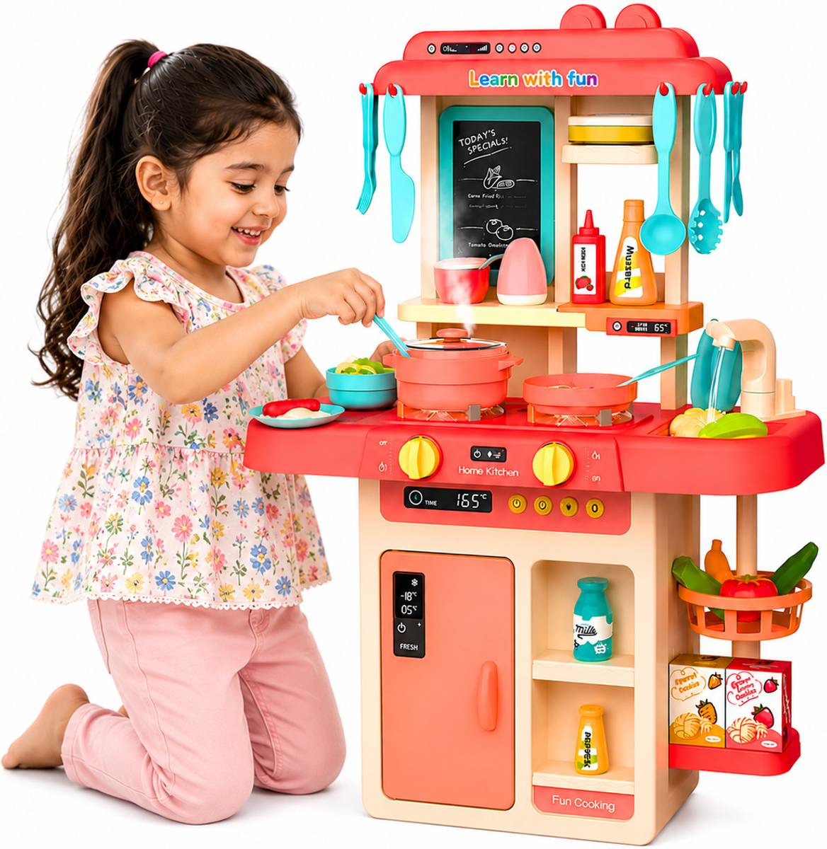 Learn With Fun 42 Pieces Kitchen Set Steam Water Light Sound Chef Playset For Kids