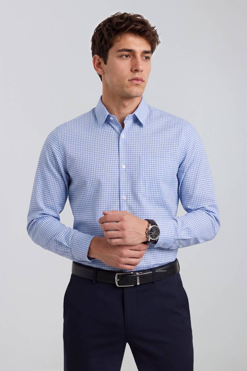 Men Checkered Formal Light Blue Shirt