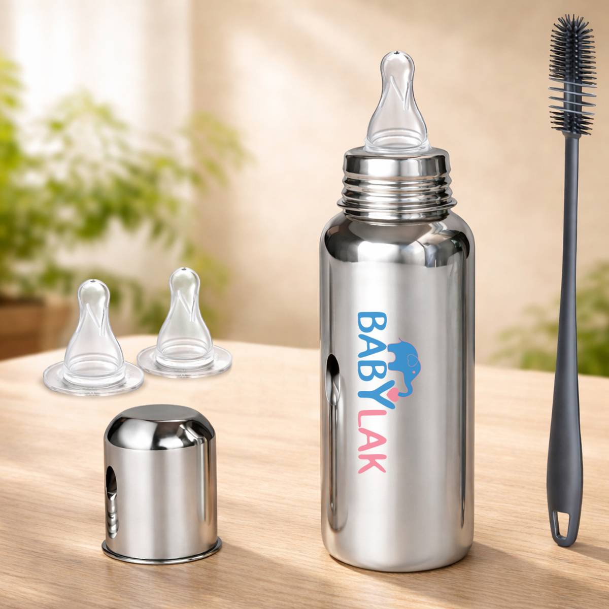 babylak Steel Baby Feeding Bottle with Cleaning Brush & 2 Extra Silicone Nipples - 250 ml — photo 2
