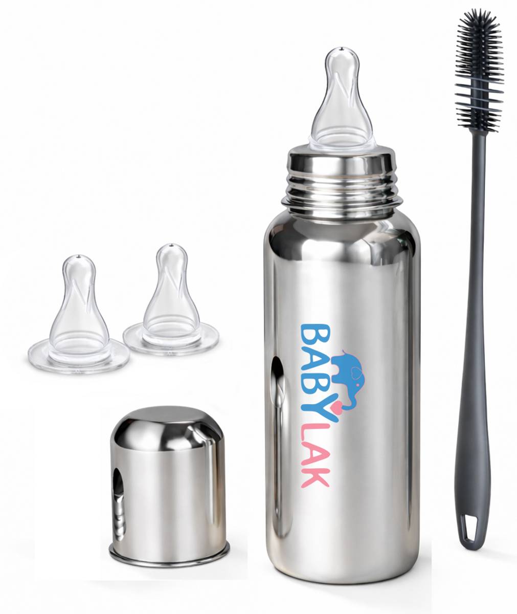 babylak Steel Baby Feeding Bottle with Cleaning Brush & 2 Extra Silicone Nipples - 250 ml