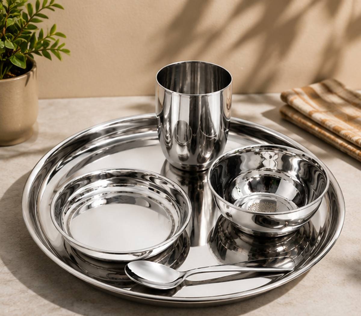 BZILO Pack of 5 Stainless Steel Premium 5 pcs Stainless Steel Dinner Set Mirror Finish Silver Dining Combo B48 Dinner Set — photo 2