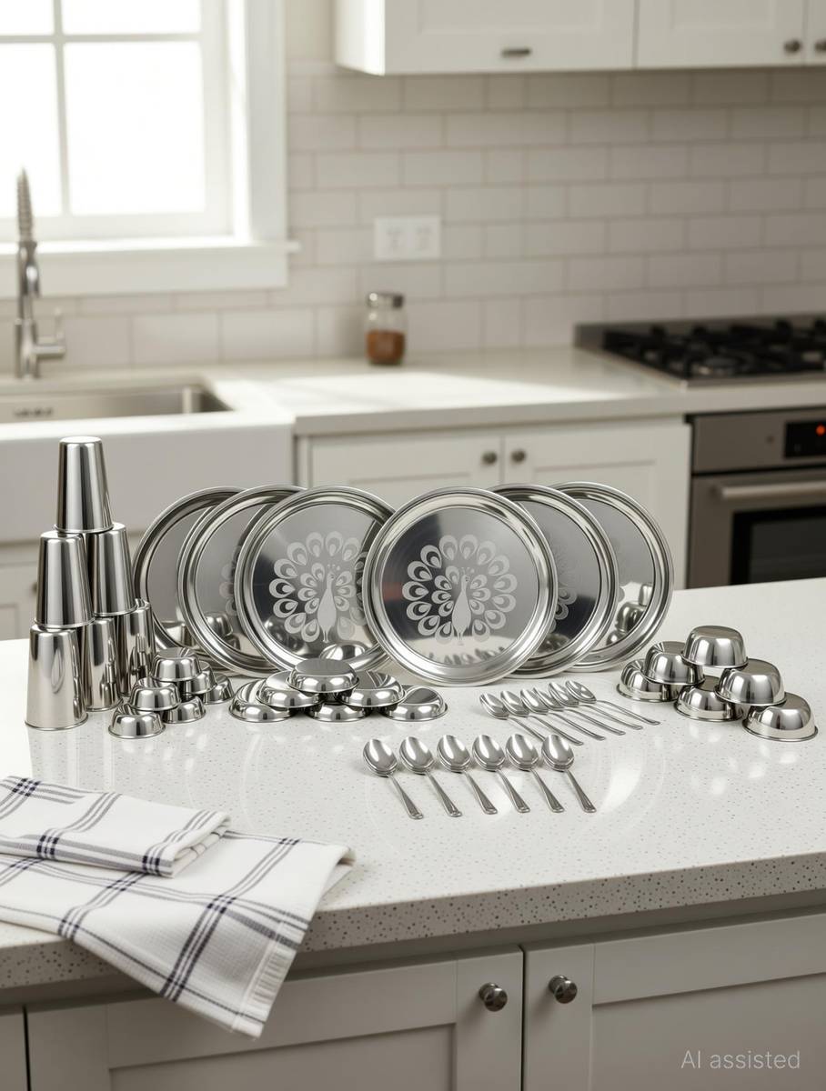 Pack of 36 Stainless Steel Dinner Set| Thali Set| Dinner Plate|Bhojan Thali Set Dinner Set (Steel) Dinner Set — photo 2