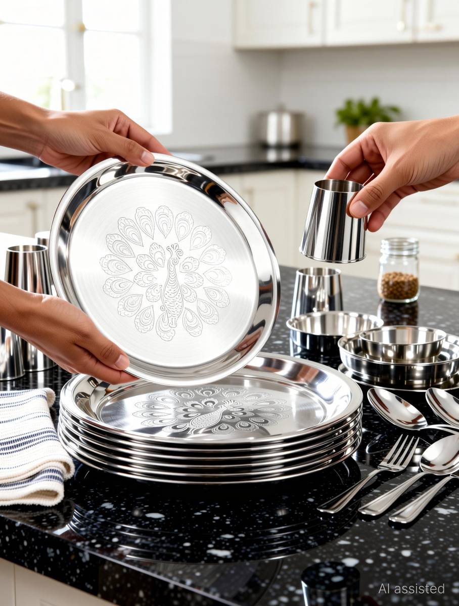 Pack of 36 Stainless Steel Dinner Set| Thali Set| Dinner Plate|Bhojan Thali Set Dinner Set (Steel) Dinner Set — photo 3