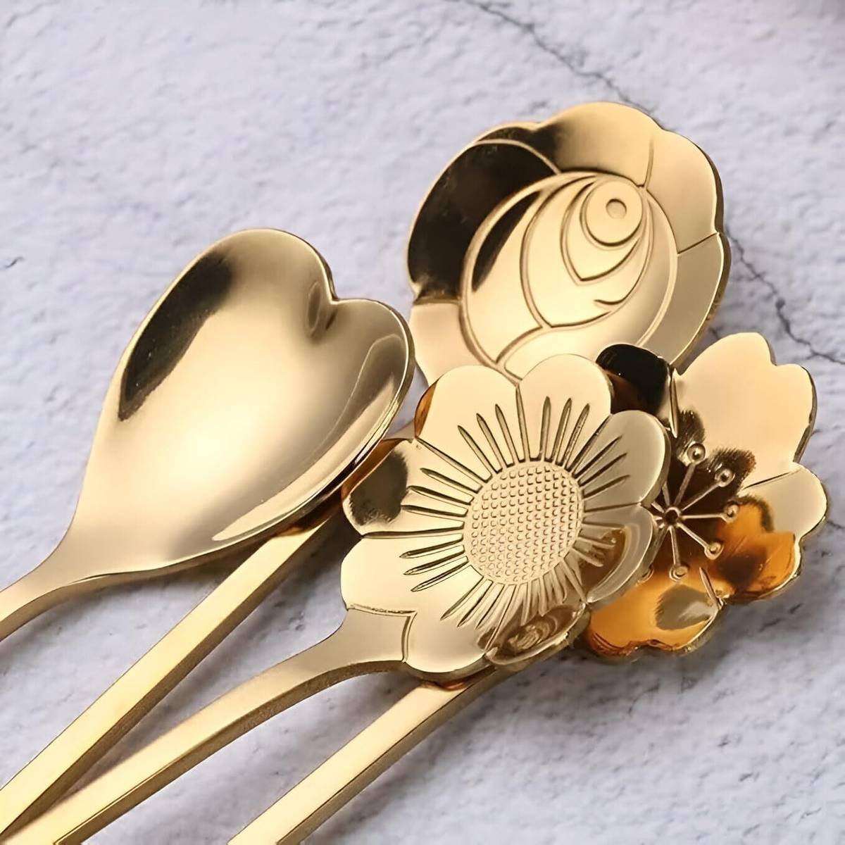 Hevats 4 PCS Gold Flower-Design Stirring Spoon Set Stainless Steel Dessert Spoon Set Induction Bottom Cookware Set
