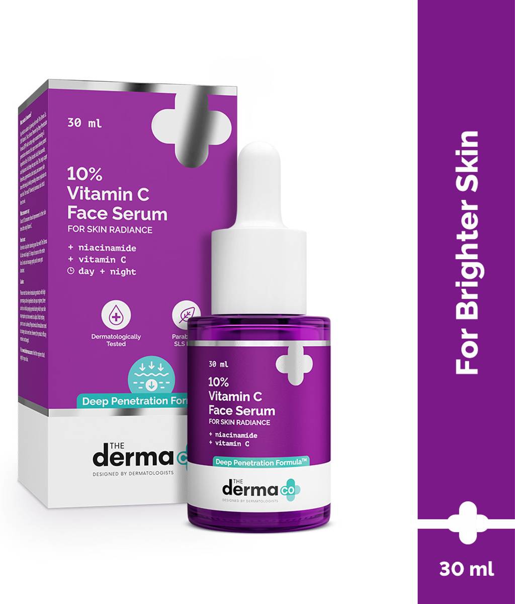 The Derma Co 10% Vitamin C Face Serum | With Vitamin C, 5% Niacinamide & Hyaluronic Acid | Fades Dark Spots | Reduces Pigmentation | Boosts Collagen | Brightens Skin | Suitable For All Skin Types