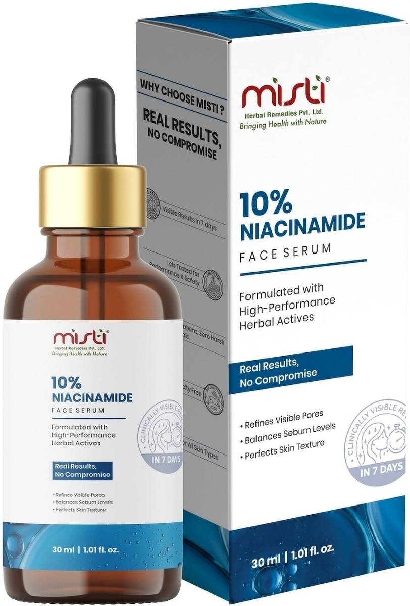 Misti Herbal Remedies Private Limited Misti 10% Niacinamide Face Serum with Hyaluronic Acid, Aloe Vera & Centella Asiatica for Acne Marks, Open Pores, Oil Control & Skin Brightening