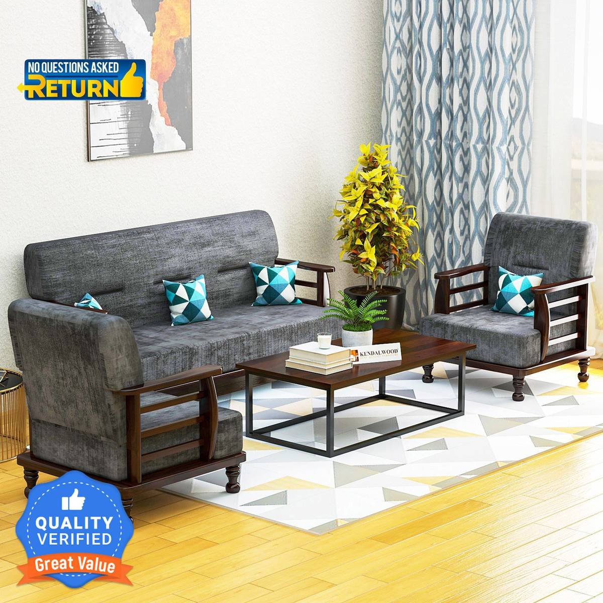 Kendalwood Furniture Solid Wood for living Room Furniture Fabric 3 + 1 + 1 Sofa Set