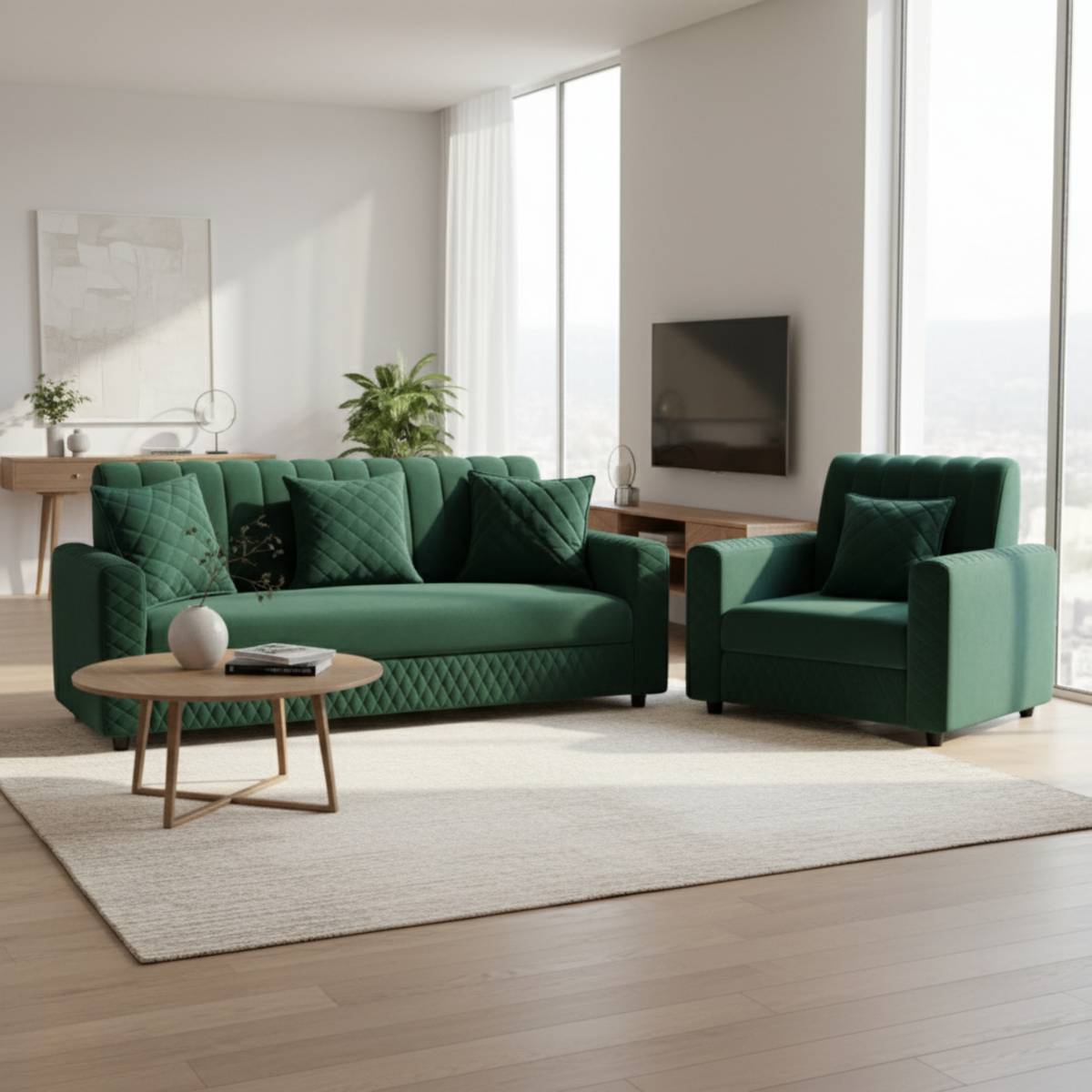 WAKESURE Premium Quality Velvet Fabric 3 + 1 Sofa Set