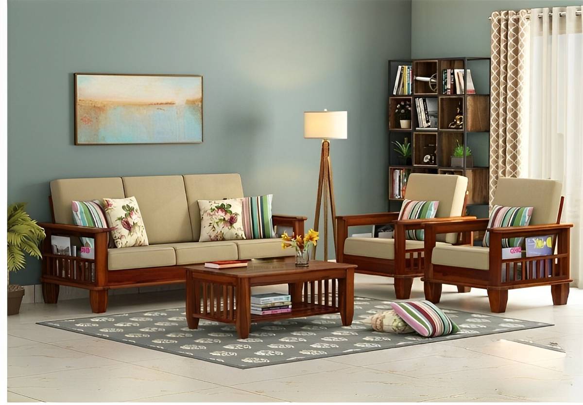 Vinod Furniture Solid Sheesham Wood For Living Room , Hotel . Fabric 3 + 1 + 1 Sofa Set