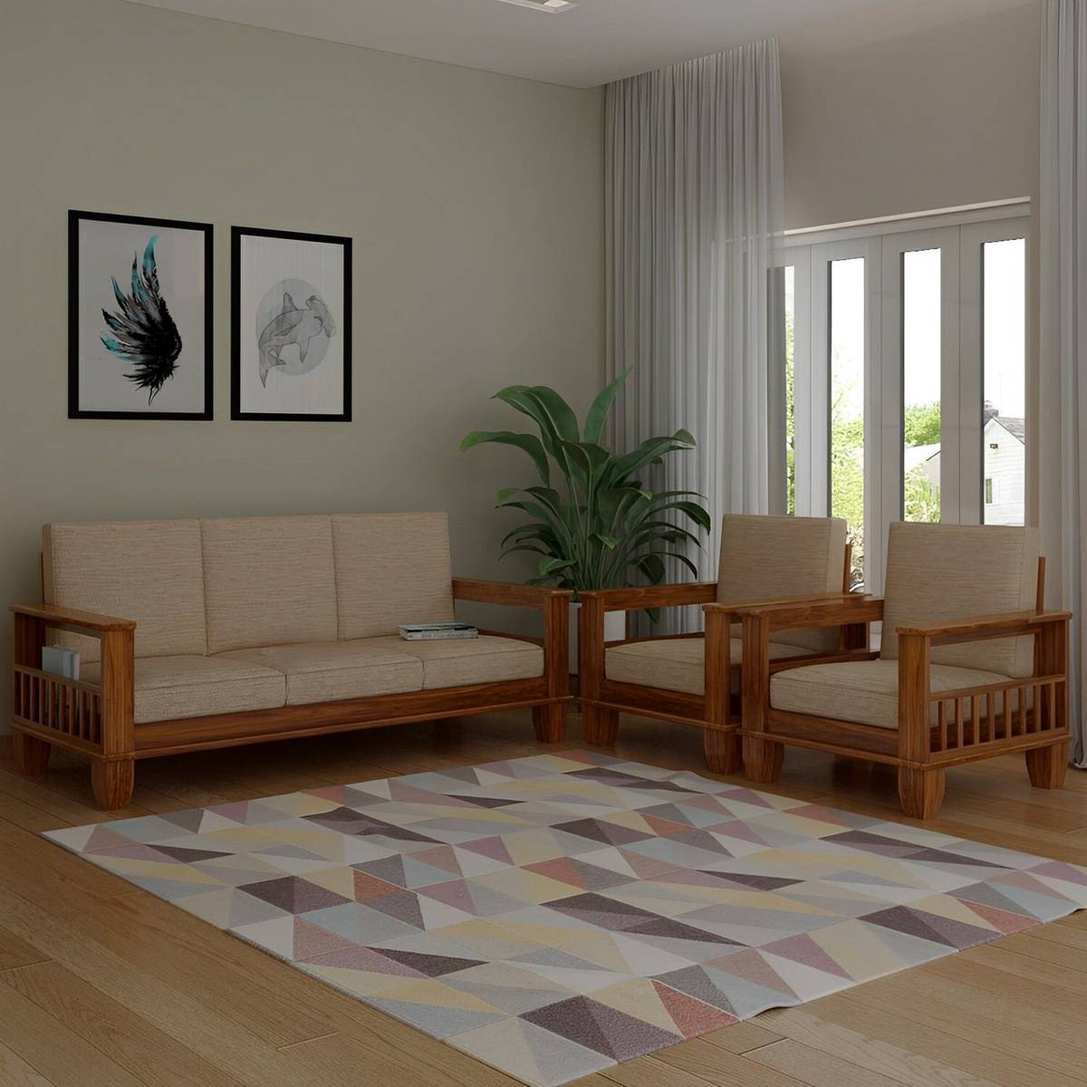 SWANGIA ARTS Solid Wood 5 Seater Sofa Set|Wooden Living Room Sofa Set with Storage Armrests | Fabric 3 + 1 + 1 Sofa Set