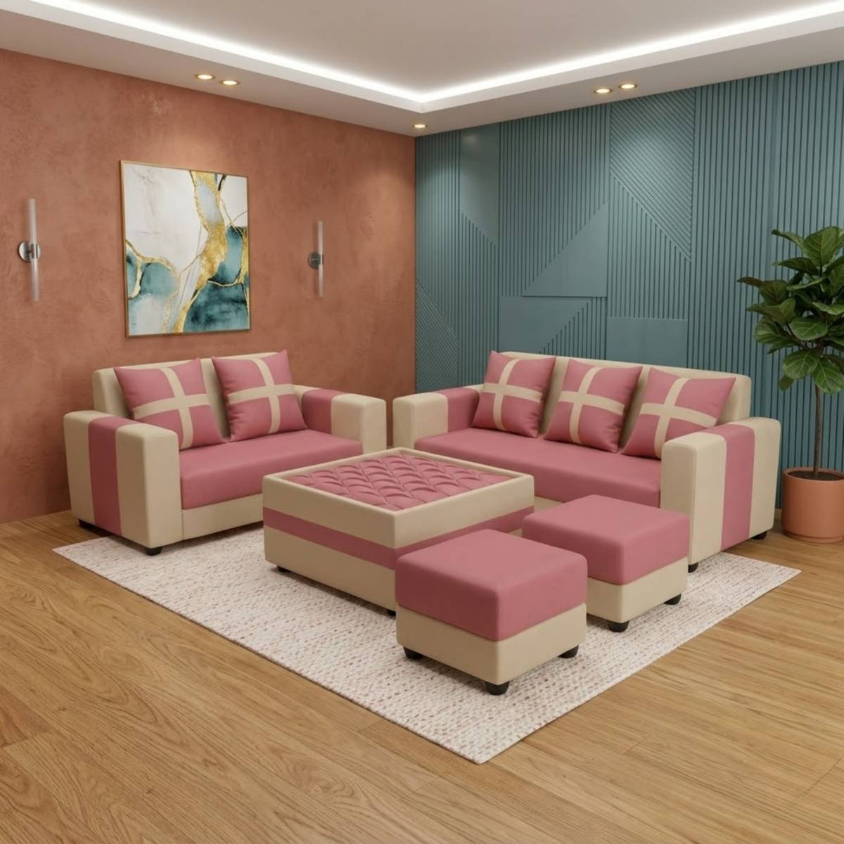 WAKESURE Premium Quality Velvet Fabric 3 + 2 + 1 + 1 Sofa Set
