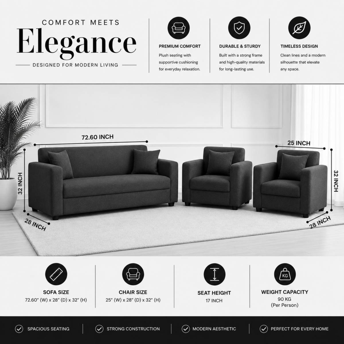 WAKESURE Premium Quality Jute Fabric 3 + 1 + 1 Sofa Set — photo 4
