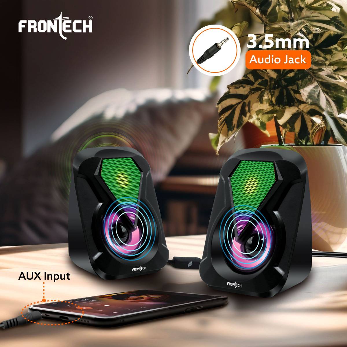 Frontech SPK-0004, 2.0 USB Speakers with AUX | 2 x 3W Drivers | RGB Lights 6 W Laptop/Desktop Speaker — photo 4