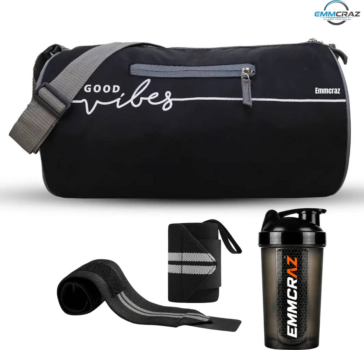 EMMCRAZ Combo Wrist Band With Gym Bag & Gym Shaker along with wrist support
